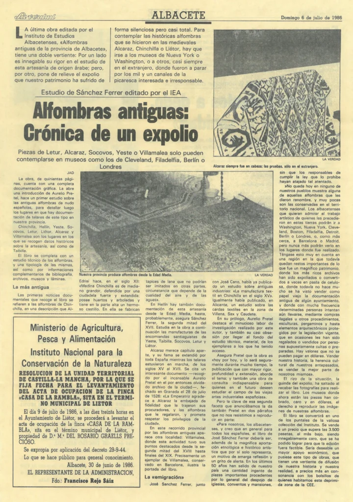 Alfombras antiguas: crónica de un expolio. La Verdad. Albacete