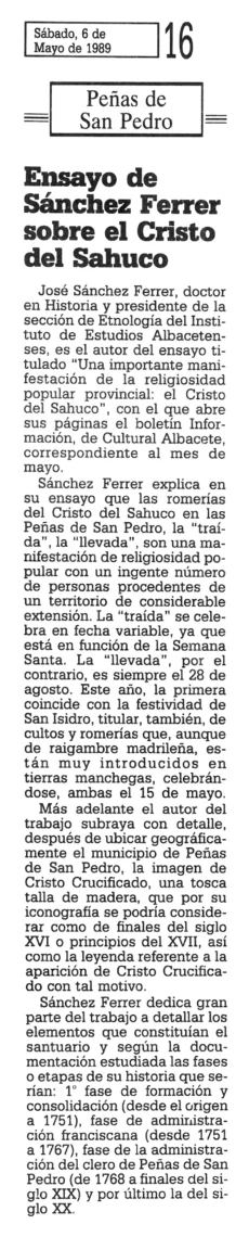 Ensayo de Sánchez Ferrer sobre el Cristo del Sahúco. La Tribuna de Albacete