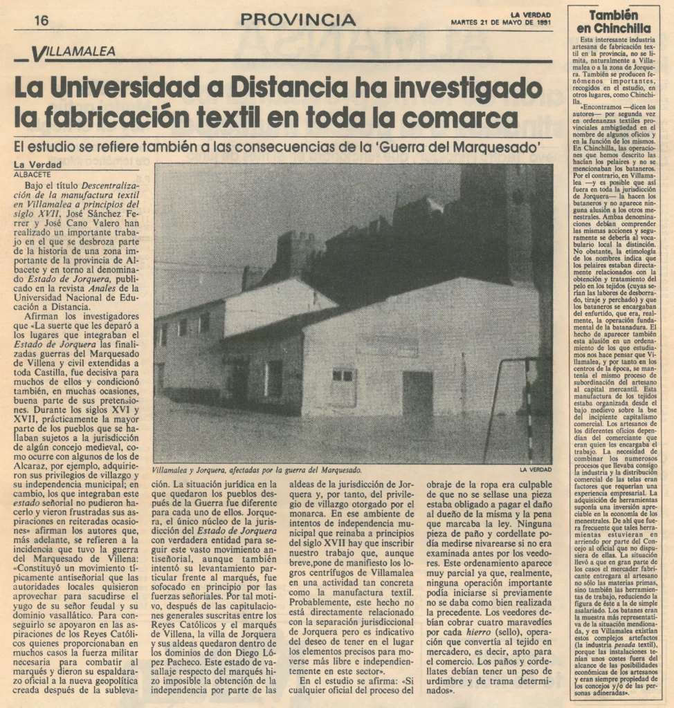 La Universidad a Distancia ha investigado la fabricación textil en toda la comarca. La Verdad. Albacete