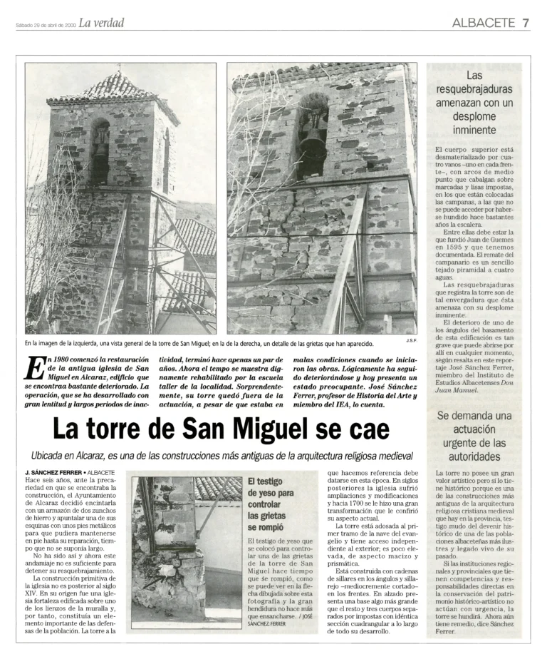 La torre de San Miguel se cae. La Verdad. Albacete