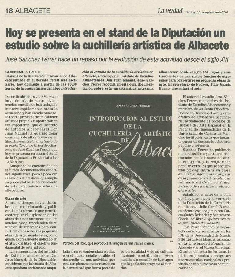 Hoy se presenta en el stand de la Diputación un estudio sobre la cuchillería artística de Albacete. La Verdad. Albacete
