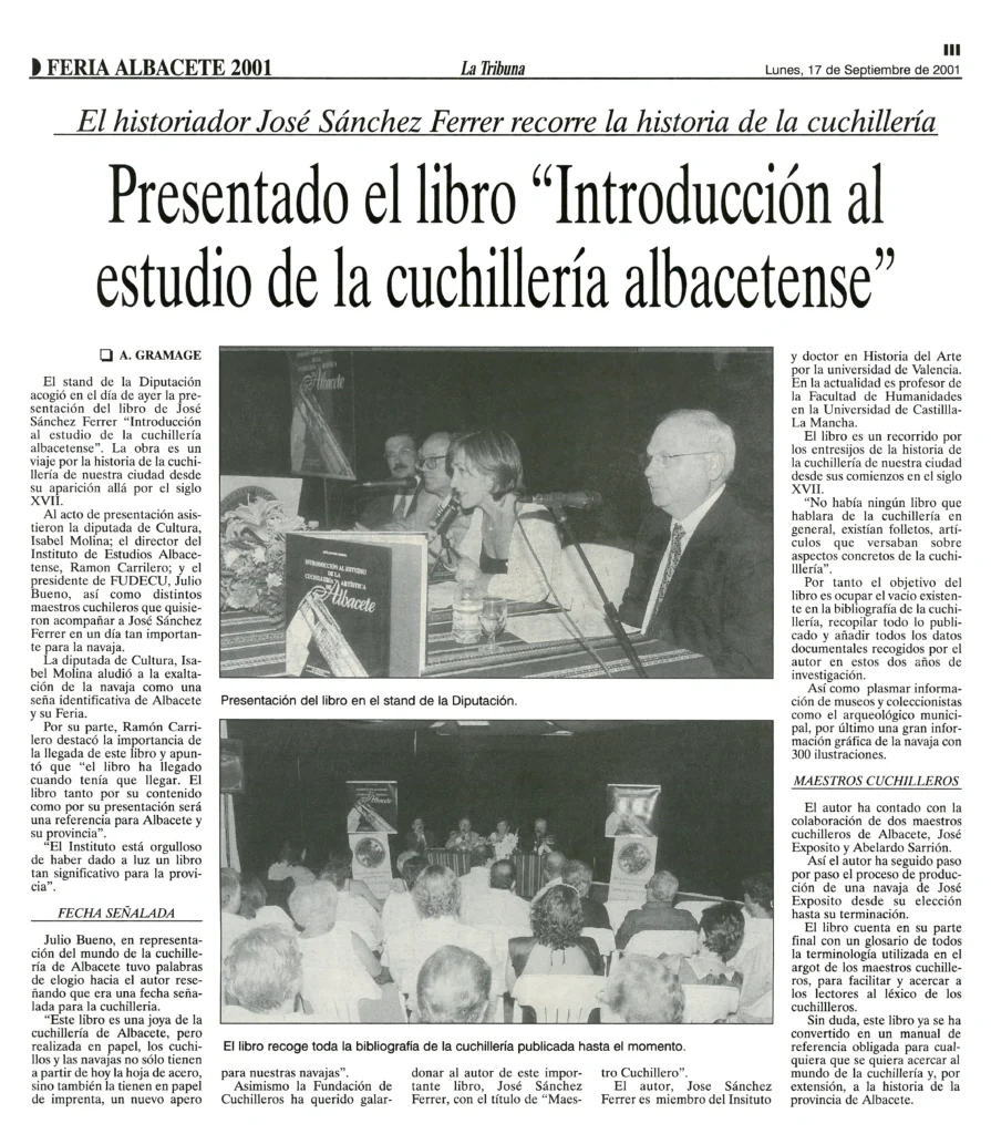 Presentado el libro "Introducción al estudio de la cuchillería albacetense". La Tribuna de Albacete