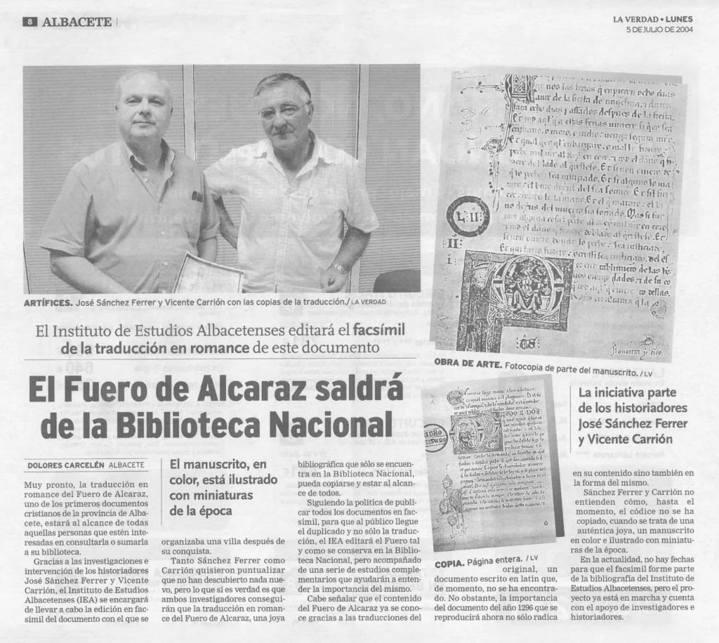 El Fuero de Alcaraz saldrá de la Biblioteca Nacional. La Verdad. Albacete
