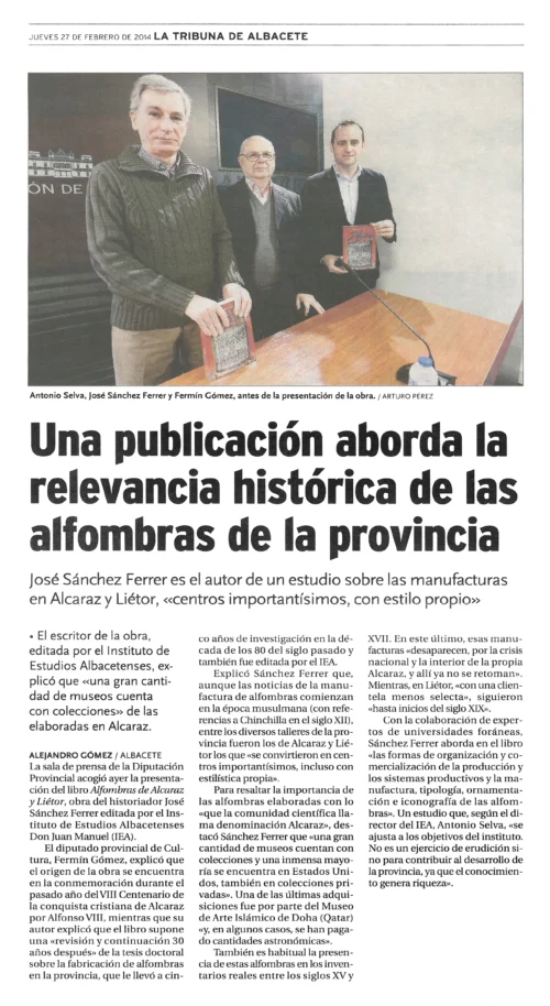 Una publicación aborda la relevancia histórica de las alfombras de la provincia. La Tribuna de Albacete